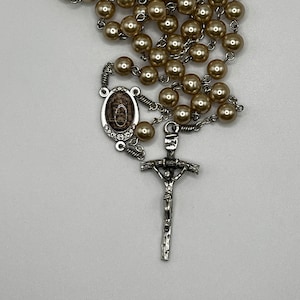 23" champagne glass pearl rosary with Shroud of Turin enamel center and Pope JPII crucifix
