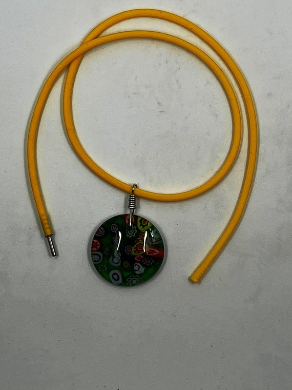 20" lampwork glass pendant on yellow rubber cord