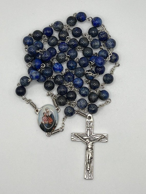 25" lapis lazuli bead rosary with St. Anne center and woodgrain crucifix