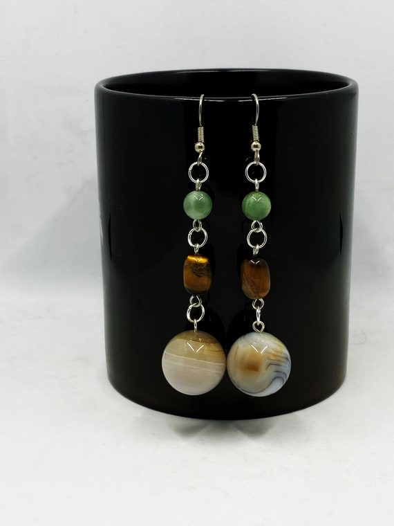 Green aventurine, tiger eye, and agate earrings