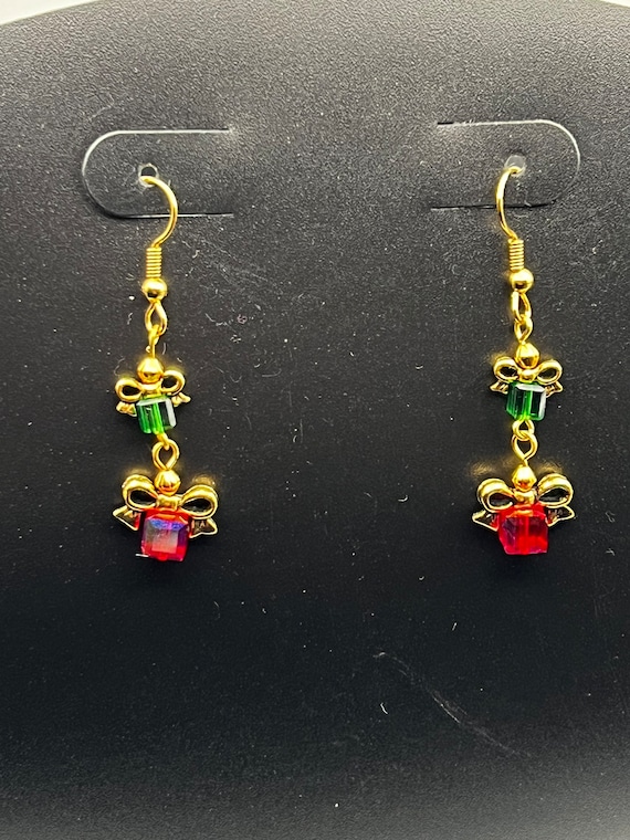 Red/Green or Clear/Blue on gold present earrings