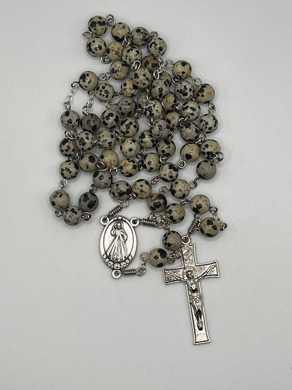 25" Dalmatian jasper bead rosary with Divine Mercy center and mission crucifix