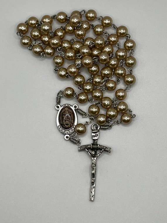 23" champagne glass pearl rosary with Shroud of Turin enamel center and Pope JPII crucifix