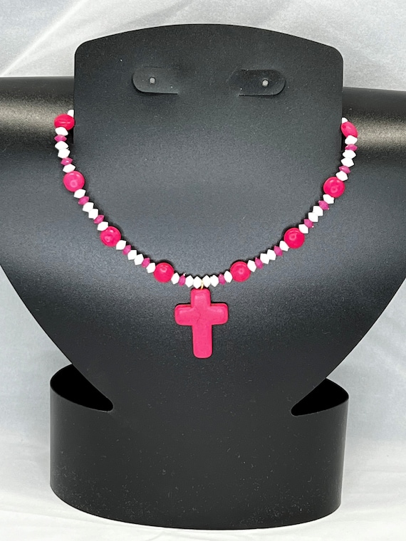 22" pink howlite cross necklace