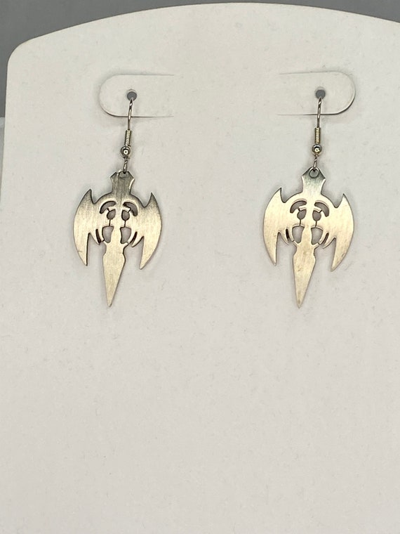 Fancy dagger or guitar brushed silver earrings