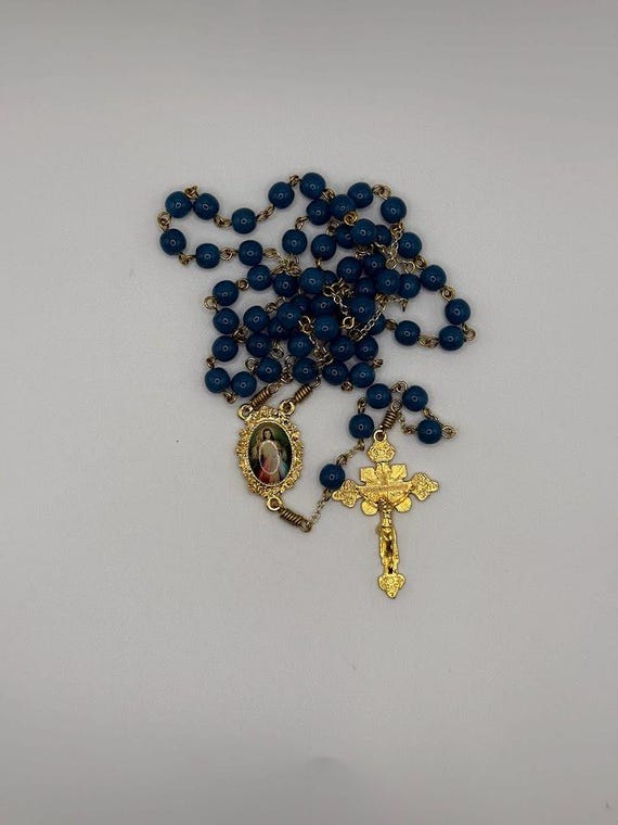 23.5" blue bead rosary with Divine Mercy center and Renaissance style crucifix