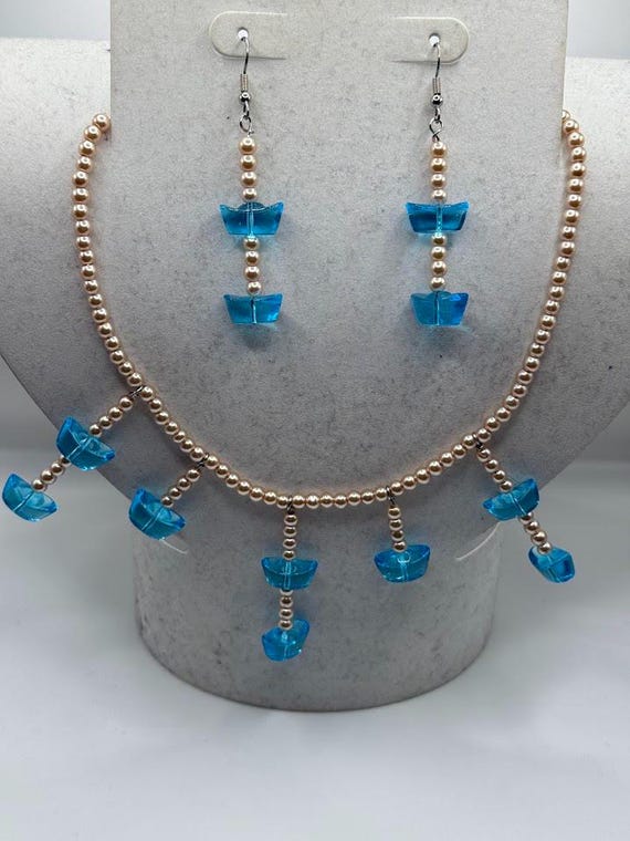 Aqua blue glass and champagne pearl necklace and earring set