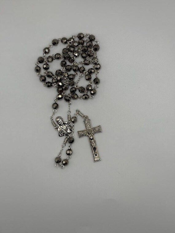 21" silver faceted bead rosary with St Gabriel center and mission crucifix