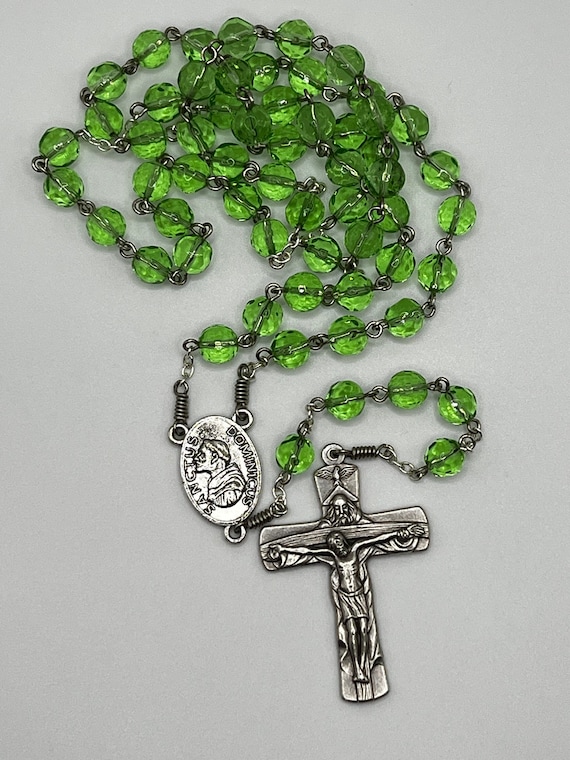 24" green glass bead rosary with Saint Dominic/Our Lady of Angels center and Trinity crucifix