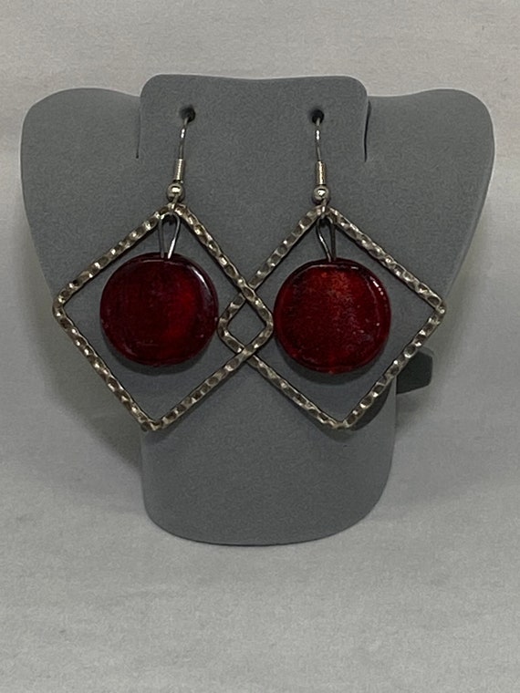 Antiqued silver hammered frame with red glass bead earrings