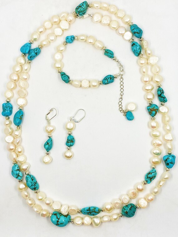 Turquoise, pearl, and silver ensemble set