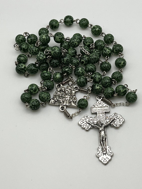 23.5" green speckled bead rosary with Nativity center and Pardon crucifix