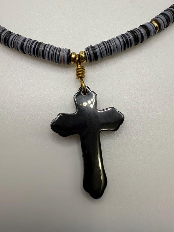 23" black and grey heishi beaded necklace with hemalyke cross pendant