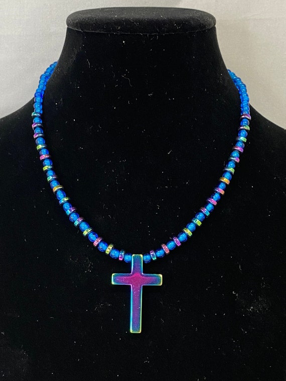 15" rainbow coated hematite choker