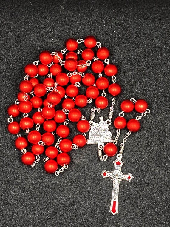 25" red pearl bead rosary with nativity center and red enamel inlay crucifix