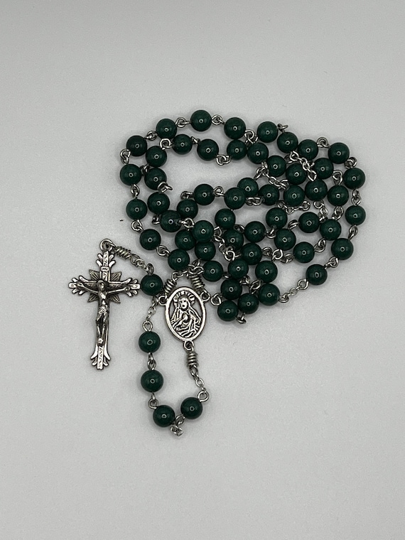 19" green mountain jade bead rosary with Sacred Heart center and sunburst crucifix