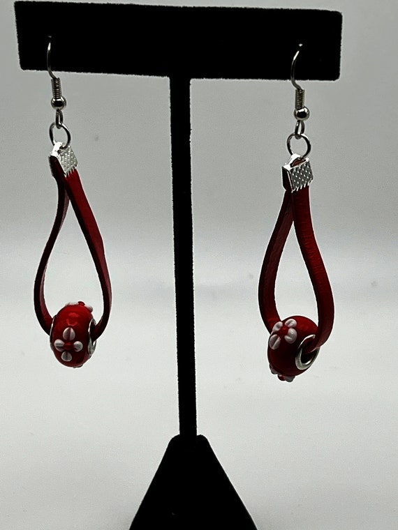 2" red leather and Dione dangle earrings