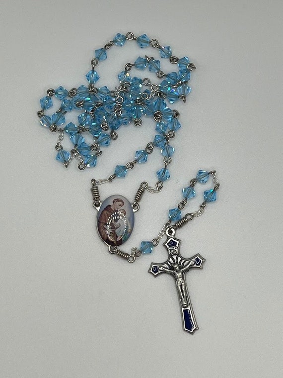 20" light blue Swarovski crystal bead rosary with St Anthony center and enamel crucifix
