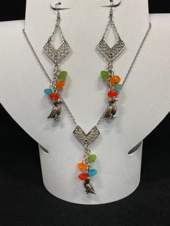 20" bird with colorful drops necklace and earring set