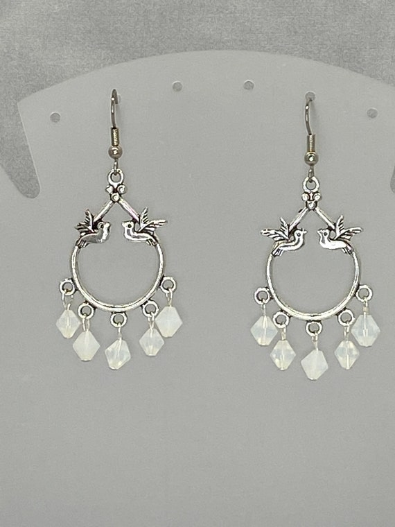 Bird bead frame earrings with frosted crystal beads