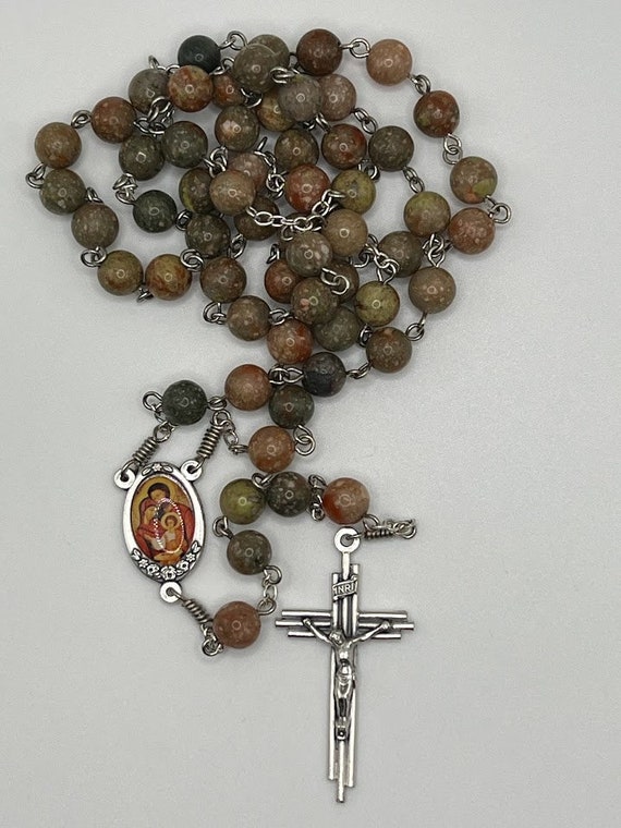 24.5" autumn jasper bead rosary with enamel Holy Family center and bar crucifix