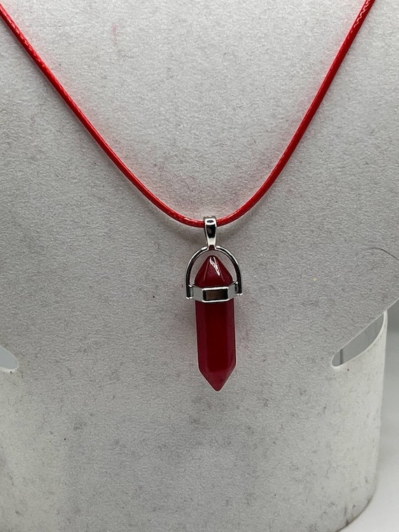 18" red glass pendant on cord with silver lobster clasp and 2" chain extender