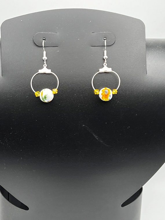 Sunflower and Swarovski crystal hoop earrings