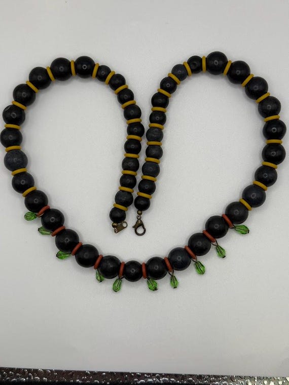 23" blackstone, yellow, orange, and green bead necklace