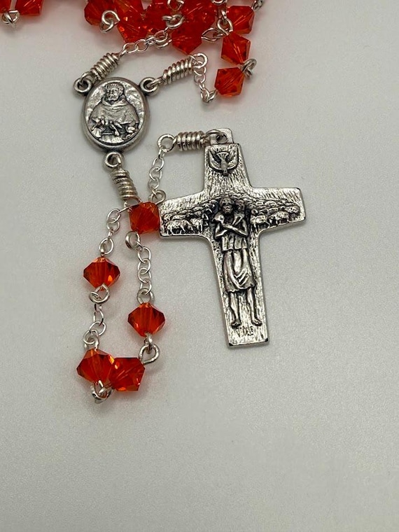 26" orange crystal bead 7 decade crown rosary with St Francis center and Pope Francis crucifix