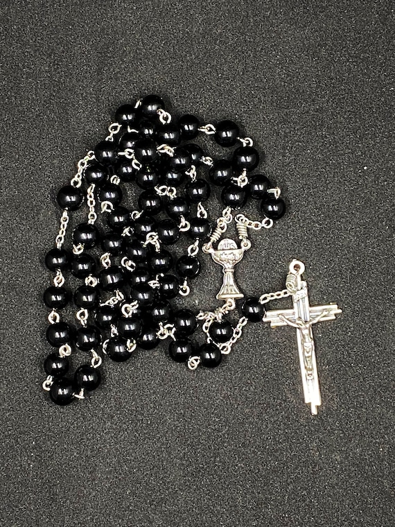 22.5" black bead rosary with chalice center