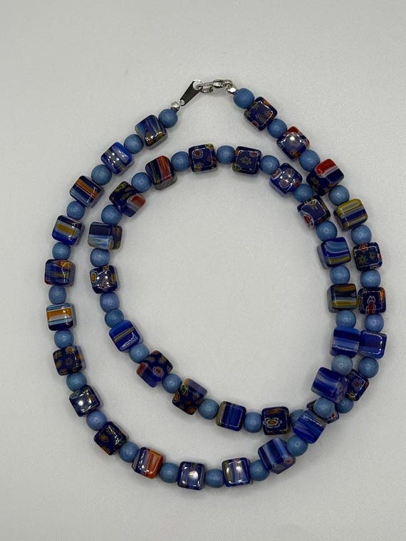 22" blue millefiori glass bead necklace