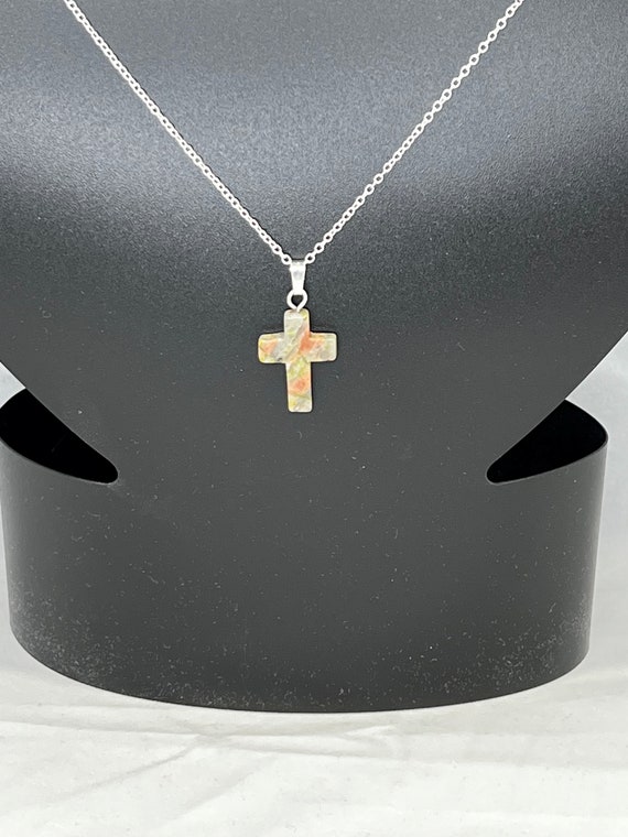 20" Unakite cross pendant on silver chain with lobster clasp