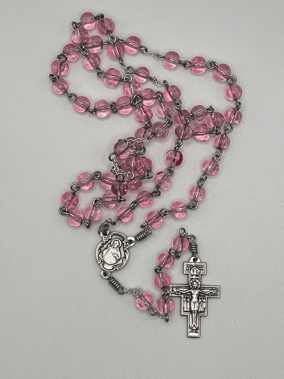 19" pink glass bead rosary with Sacred Heart center and San Damiano crucifix