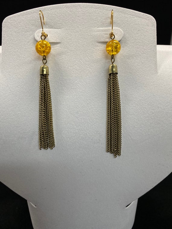 Gold chain tassel and honey bead earrings