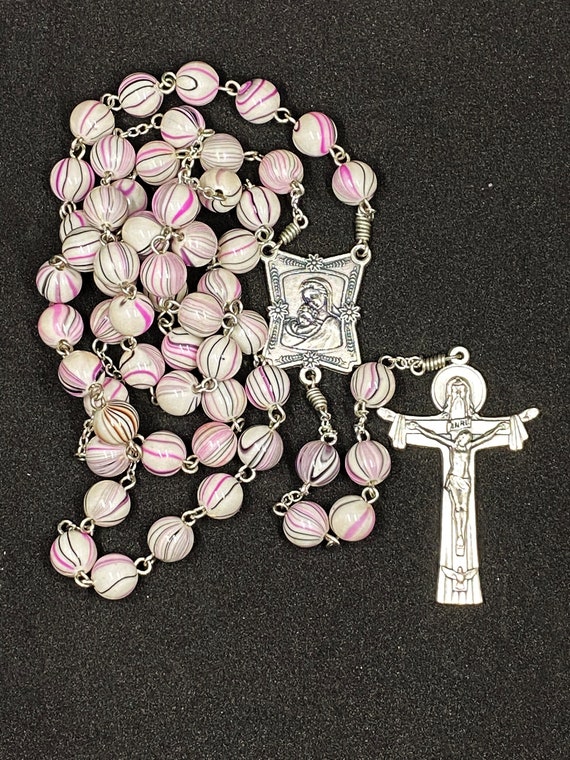 26.5" grey, black, and pink swirl bead rosary with Madonna and Child center and Holy Trinity crucifix