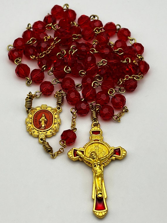 24" red glass bead and enamel rosary