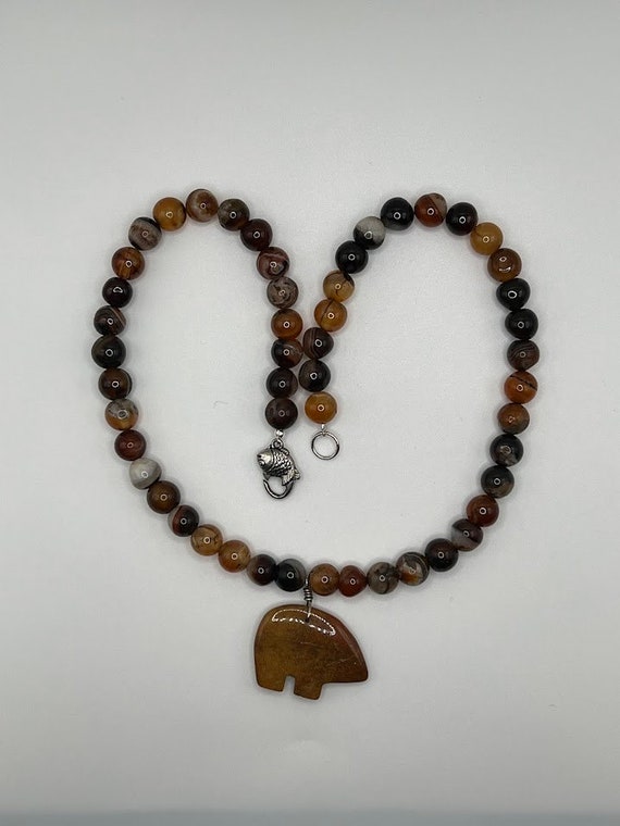 20.5" red agate bear beaded necklace