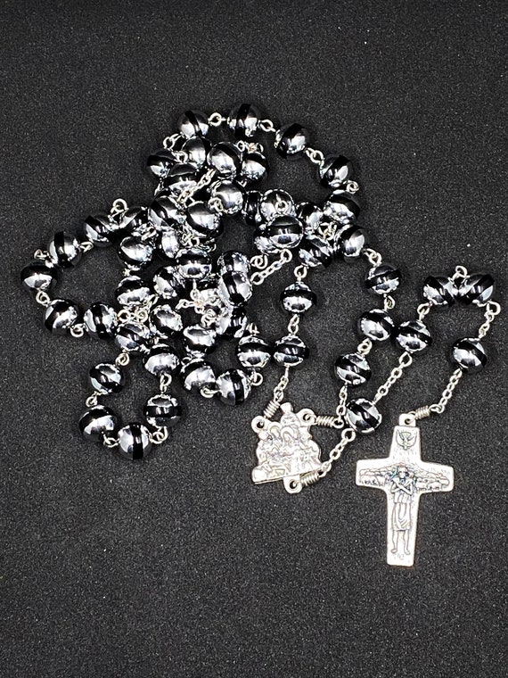 26" silver and black bead rosary with Nativity center and Pope Francis crucifix