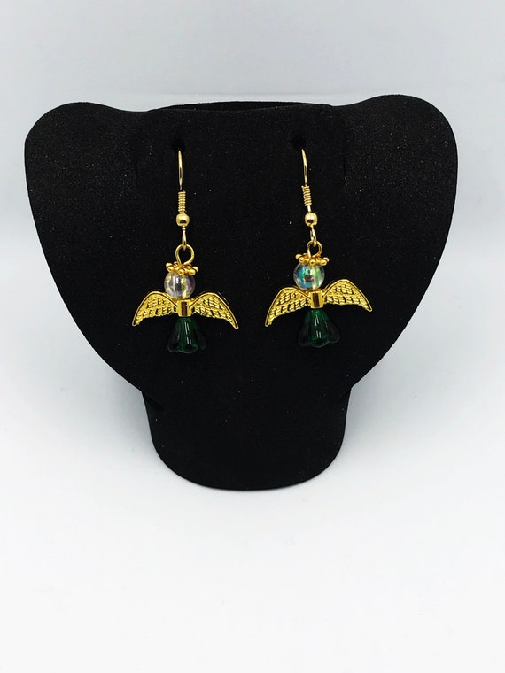 Golden angel with green skirt earrings