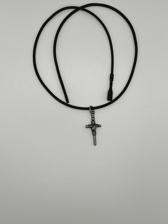 18" pewter cross pendant on black rubber cord