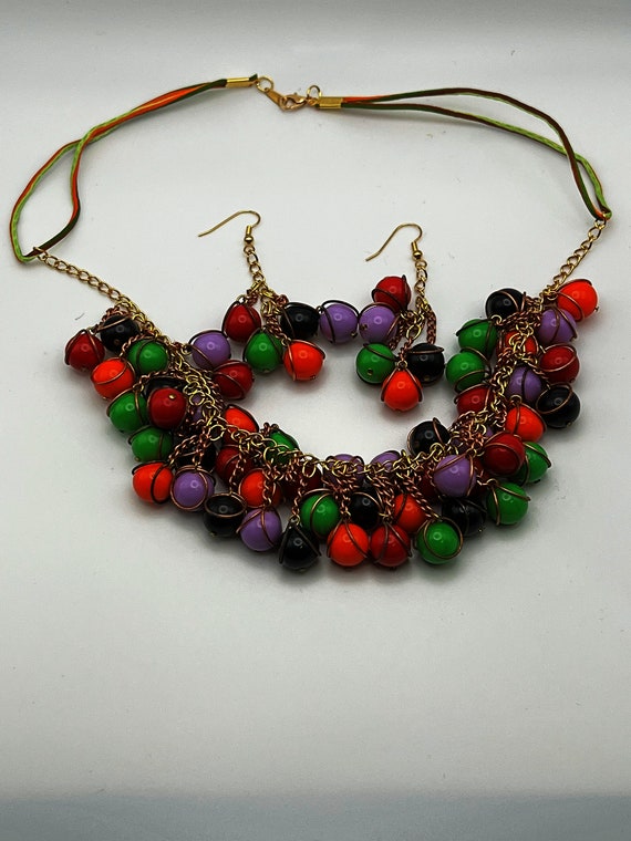 22" multi colored messy cluster necklace and earrings set