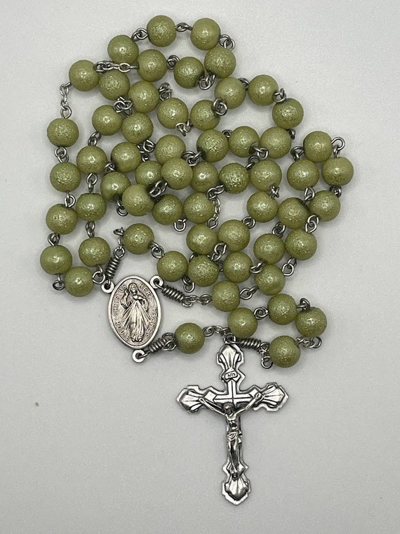 22" green shimmer bead rosary with Divine Mercy center and shell crucifix