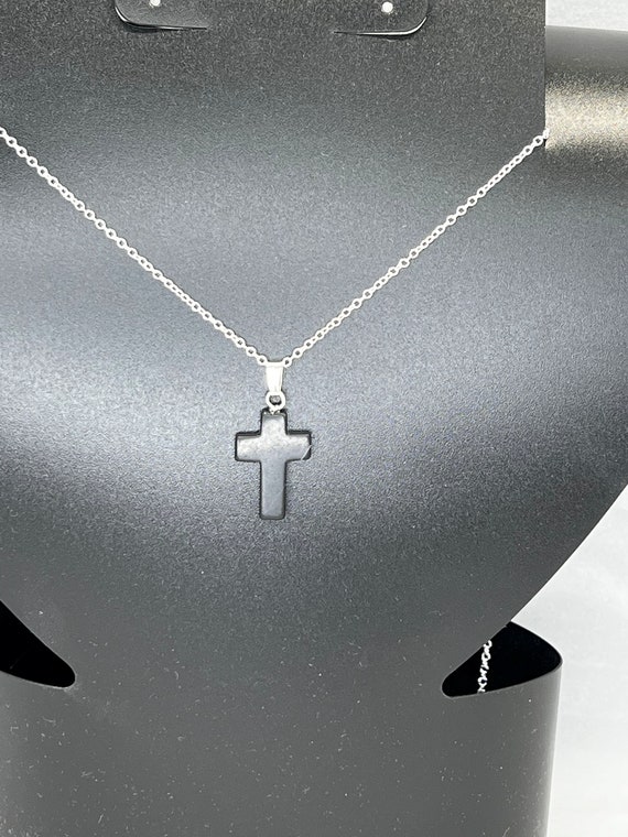 20" black onyx cross pendant on silver chain with lobster clasp