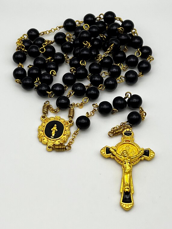 24.5" black bead rosary with enamel center/crucifix set