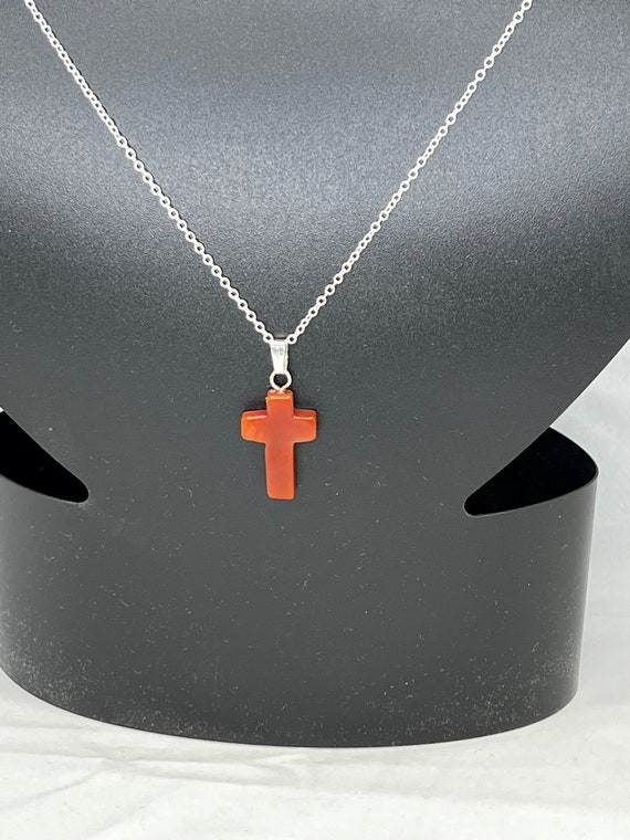 20" red agate cross pendant on silver chain with lobster clasp