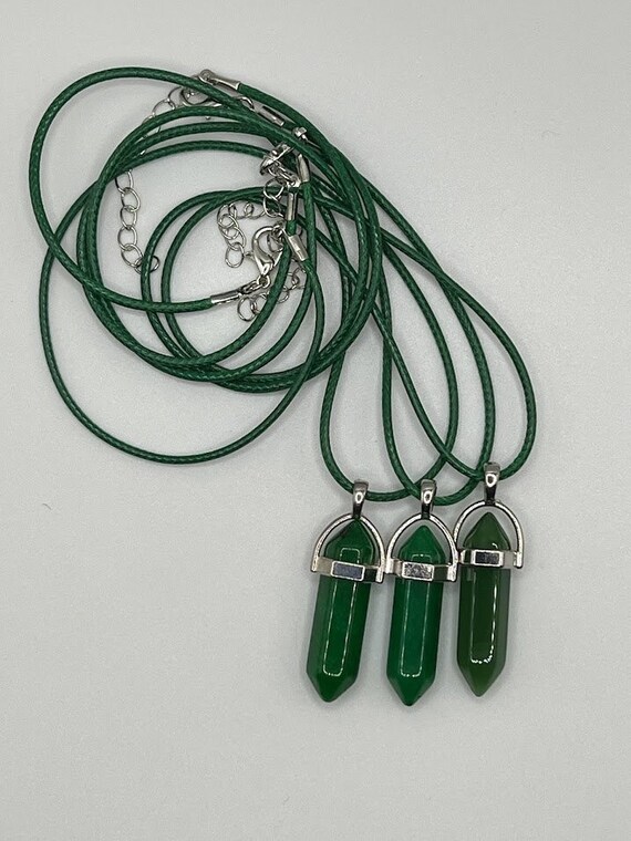 Green glass pendant on 18" green cord with silver lobster clasp and 2" chain extender