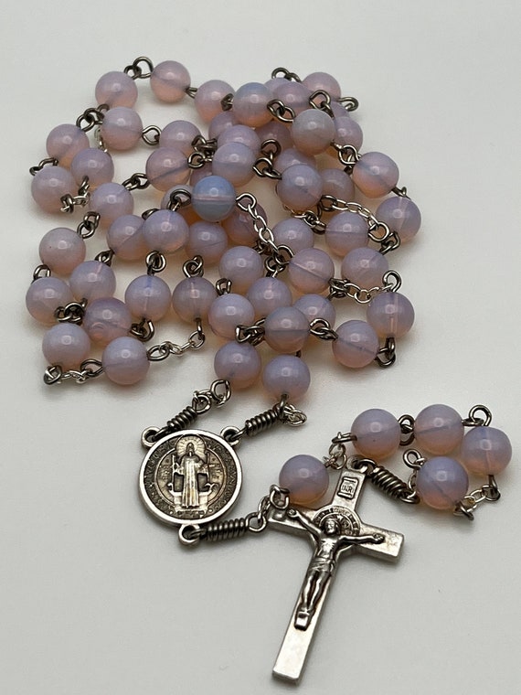 23.5" pink sea opal bead rosary with Saint Benedict center/crucifix