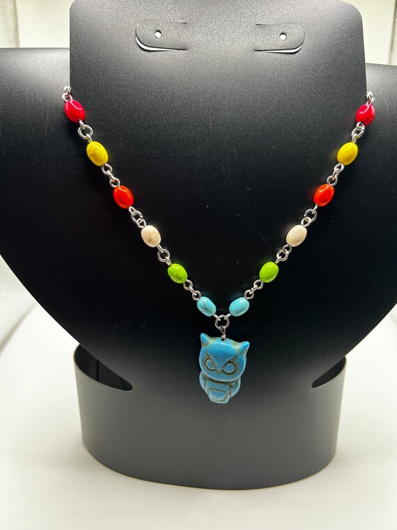 19" owl pendant on rainbow beaded chain