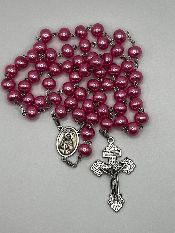 24" pink pearl rosary with St Jude center and Pardon crucifix