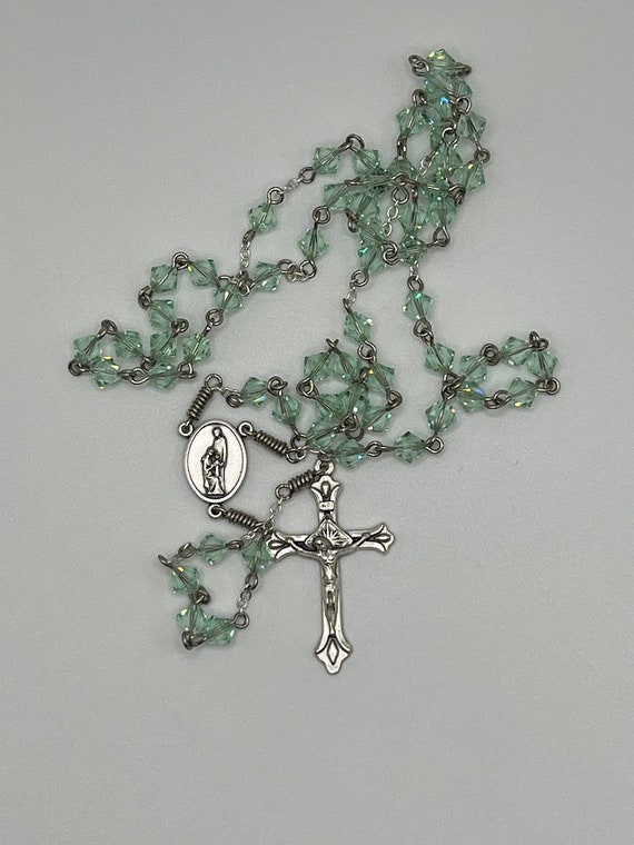 20" Swarovski green crystal bead rosary with Holy Family/Holy Spirit center and teardrop crucifix